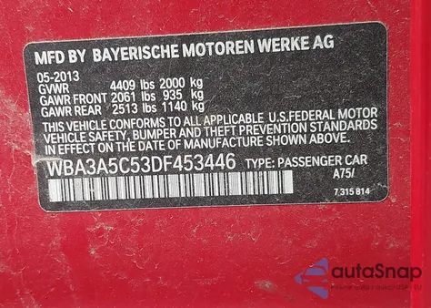 2013 BMW 328I from USA, damaged, VIN WBA3A5C53DF453446